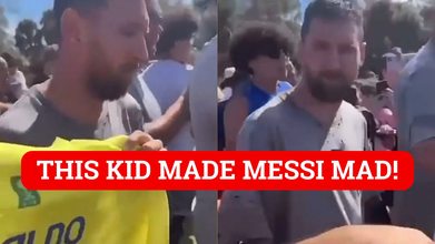 WATCH: Lionel Messi stares down fan with Cristiano Ronaldo shirt as Inter  Miami superstar is mobbed during trip to Naples to watch son Thiago in  action