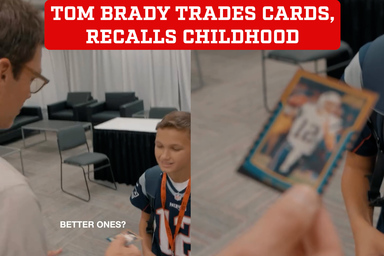 Tom Brady reminisces about his childhood as he trades collectible cards with kids