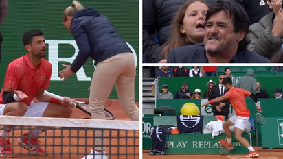 Djokovic argues with the chair umpire over a bad ball gets whistled at and ends up smashing a racket