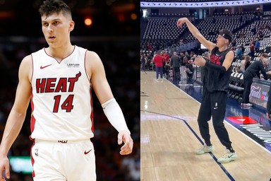 Tyler Herro of the Miami Heat arrives to the arena before Game