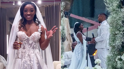Simone Biles shows off her stunning Galia Lahav gown during Mexico wedding ceremony